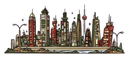 This artistic illustration captures a vibrant city skyline, showcasing unique buildings and structures in a colorful adventure theme, perfect for urban aesthetics.のイラスト素材