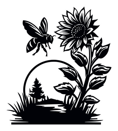 A striking black and white engraving featuring a sunflower and bee against a serene landscape, perfect for nature lovers and garden enthusiasts.のイラスト素材