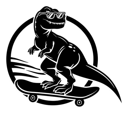This lively illustration features a dinosaur skating on a skateboard while wearing sunglasses, perfect for fun designs that capture energy and creativity.のイラスト素材