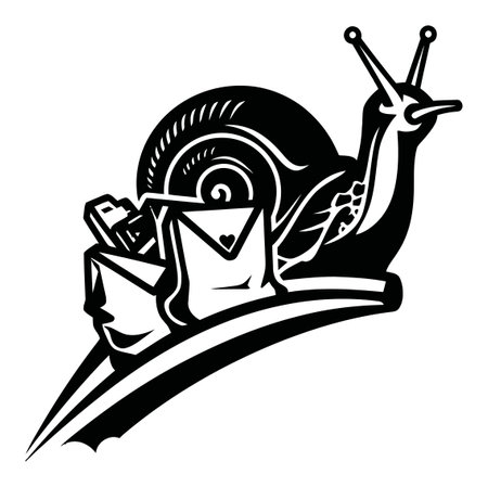 A striking black and white illustration featuring a snail with letters on its shell, symbolizing slow communication and delivery. Perfect for creative projects.のイラスト素材