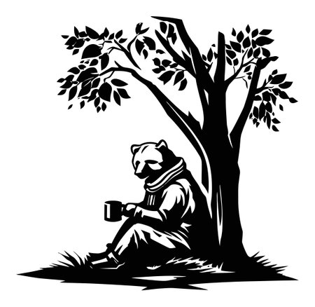 A charming illustration of a bear sitting against a tree, enjoying a warm drink. This black and white artwork captures a serene moment in nature, perfect for relaxation themes.のイラスト素材