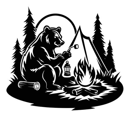 A striking black and white illustration of a bear enjoying a campfire in a serene forest setting. The peaceful night scene features a tent, trees, and glowing embers.のイラスト素材