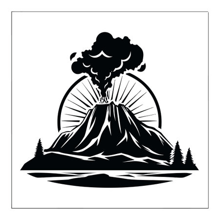 A striking black and white illustration of a volcano erupting with smoke, surrounded by trees and sun rays, capturing nature's raw power and beauty.のイラスト素材
