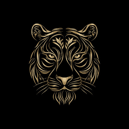 This stunning black background artwork features an elegant tiger head design in gold. The intricate details and artistic style create a captivating visual encounter.のイラスト素材
