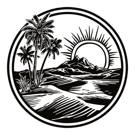 This hand-drawn engraving features a serene desert landscape with palm trees and a rising sun behind mountains, perfect for nature-themed projects.のイラスト素材