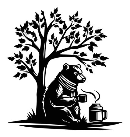 A charming illustration of a bear in a scarf sitting under a tree, enjoying a hot beverage. This black and white image captures a peaceful, cozy moment in nature.のイラスト素材