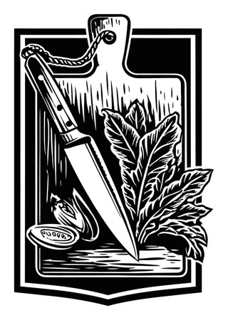 This hand-drawn engraving depicts a kitchen knife alongside fresh vegetables, perfect for culinary art enthusiasts. Ideal for kitchen decor or food-related projects.のイラスト素材