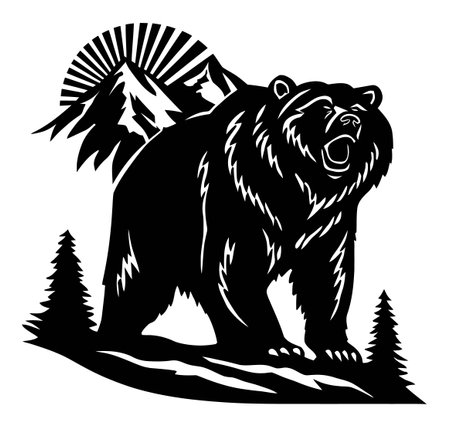 A striking black silhouette of a bear standing proudly against mountain peaks and rays of light, perfect for nature and wildlife enthusiasts, illustrating strength and wilderness.のイラスト素材