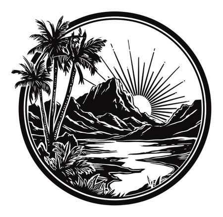 This black and white illustration features a stunning mountain landscape with palm trees and a radiant sun, perfect for representing travel and nature themes.のイラスト素材