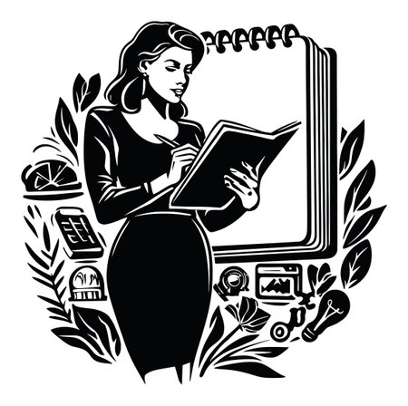 This vintage-style illustration features a woman with a notepad, surrounded by intricate floral elements. Perfect for concepts of creativity and professionalism.のイラスト素材