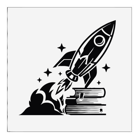 This striking illustration features a rocket launching from a stack of books, surrounded by stars. It symbolizes knowledge, creativity, and exploration, perfect for educational themes.のイラスト素材