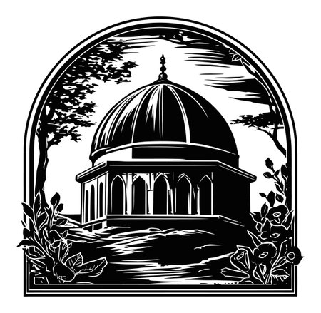 A beautifully crafted black and white engraving depicting a historic dome-shaped building surrounded by trees and floral elements, perfect for art enthusiasts.のイラスト素材