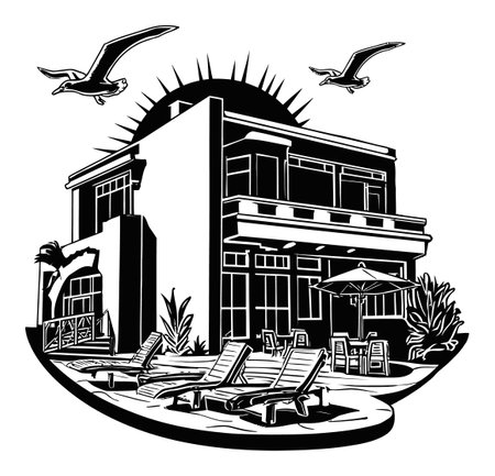 This captivating illustration features a modern house with a pool under a vibrant sun. Surrounding lush greenery and outdoor seating enhance the relaxing atmosphere, perfect for vacations.のイラスト素材