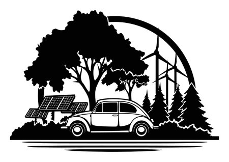 Artistic illustration showcasing a vintage car amidst trees, solar panels, and wind turbines, highlighting themes of sustainability and renewable energy in a harmonious nature scene.のイラスト素材