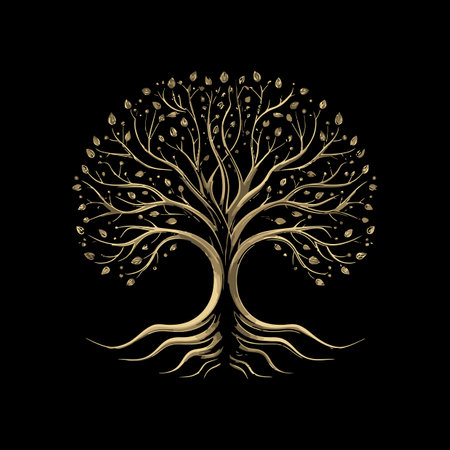 A stunning vector art illustration of an elegant tree with golden leaves and intricate branches, set against a dramatic black background, symbolizing nature's beauty.のイラスト素材