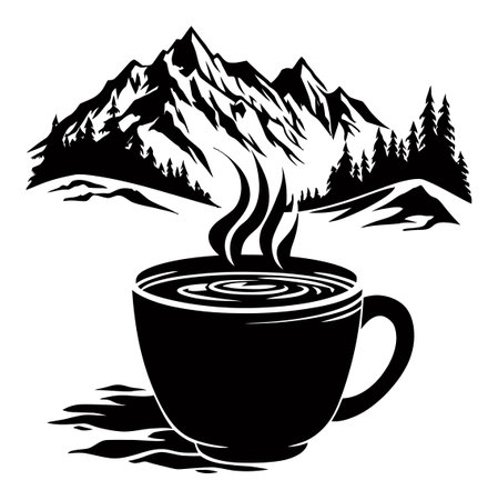 This striking black and white illustration features a steaming cup of hot drink, beautifully set against a backdrop of mountains and trees. Perfect for nature lovers!のイラスト素材