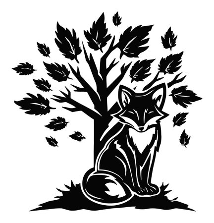 This artistic illustration features a serene fox sitting by a tree with falling leaves, highlighting nature's beauty in a stylish black and white design.のイラスト素材