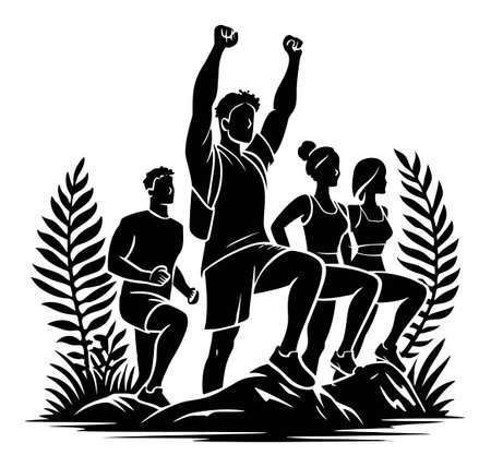 This illustration features a group of four athletes celebrating their success in a natural setting. They express victory and motivation through their dynamic poses on a rocky peak.のイラスト素材