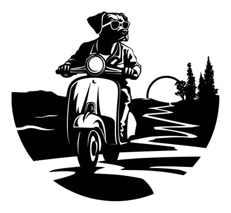 A whimsical illustration of a cool dog wearing sunglasses, riding a scooter through a picturesque landscape, evoking a sense of adventure and freedom.のイラスト素材