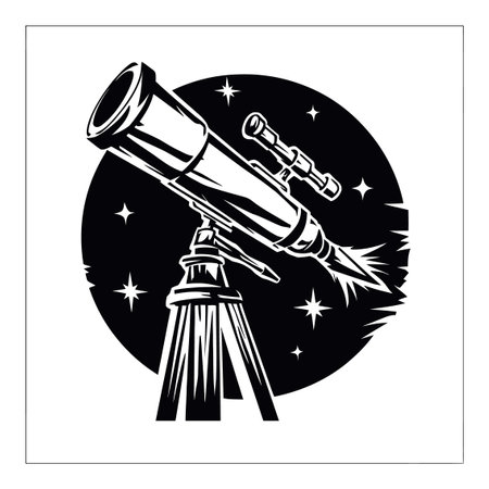 Detailed black and white illustration of a telescope set against a starry night sky, perfect for themes of exploration and astronomy.のイラスト素材