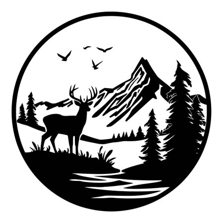 This stunning illustration features a majestic deer silhouette set against a mountainous landscape. Birds fly above, adding a sense of freedom and tranquility to the serene outdoor scene.のイラスト素材