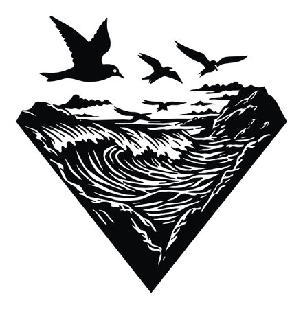 A captivating black and white illustration depicting birds soaring over tumultuous waves, showcasing nature's beauty and tranquility in a stylized engraving format.のイラスト素材