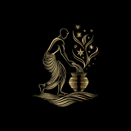 This elegant vector art features a human figure tending to a flourishing plant from a pot. It combines beauty and nature in a stylish black gold design, perfect for various artistic projects.のイラスト素材