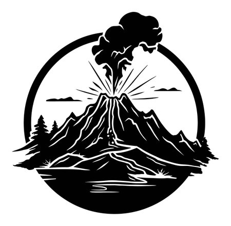 Stunning black and white illustration showcasing an erupting volcano within a tranquil landscape. Ideal for nature-themed designs or educational materials.のイラスト素材