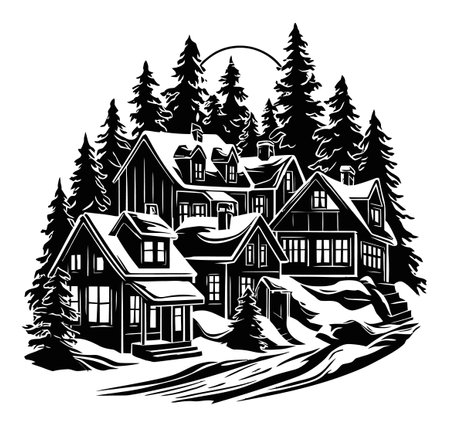 A stunning black and white illustration depicts charming houses nestled among tall trees in a snowy landscape, perfect for winter-themed projects.のイラスト素材