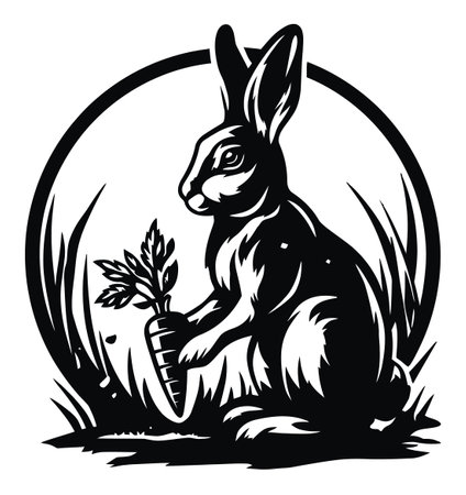 A beautifully detailed black and white engraving of a rabbit holding a carrot in a natural setting. This artistic illustration captures the charm and playful nature of this beloved animal.のイラスト素材