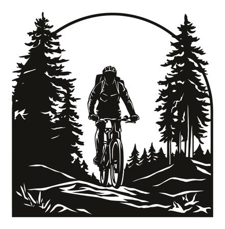 This striking black and white illustration showcases a mountain biker navigating a rugged forest trail, embodying adventure and outdoor spirit.のイラスト素材