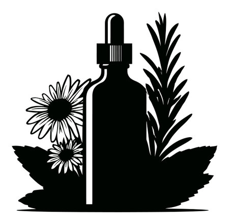 This elegant illustration features a herbal extract bottle amidst fresh flowers and leaves, perfect for natural product designs or wellness themes.のイラスト素材