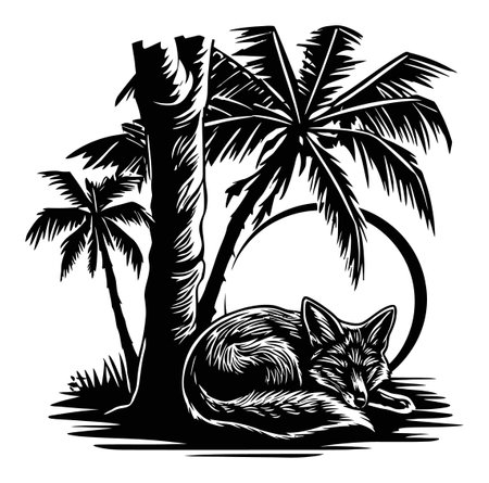 This detailed illustration features a serene scene of a sleeping fox nestled by tropical palm trees, showcasing nature's beauty in a striking black and white engraving style.のイラスト素材