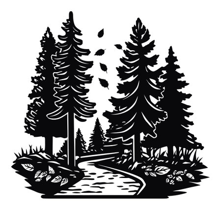 Elegant black and white illustration showcasing a serene woodland pathway lined with tall evergreen trees, evoking tranquility and natural beauty. Perfect for nature lovers.のイラスト素材