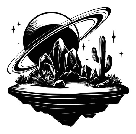 Explore a stunning black and white illustration featuring a surreal landscape with planet Saturn, rocky terrain, and a cactus, evoking an imaginative scene.のイラスト素材