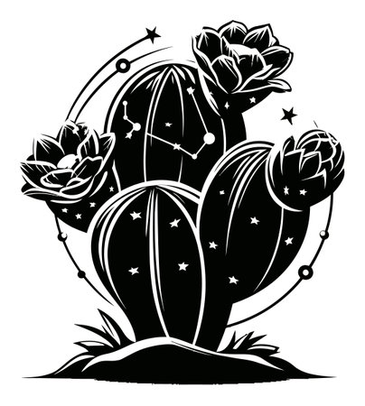 Captivating black and white illustration of a cactus adorned with flowers and celestial details. Perfect for decoration or artistic projects.のイラスト素材