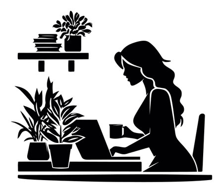 Minimalist illustration of a woman working on a laptop with indoor plants, creating a cozy and peaceful home office environment.のイラスト素材