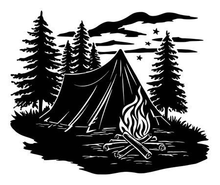 This black and white engraving captures a serene camping scene, featuring a tent and campfire surrounded by tall trees, ideal for nature lovers and outdoor enthusiasts.のイラスト素材