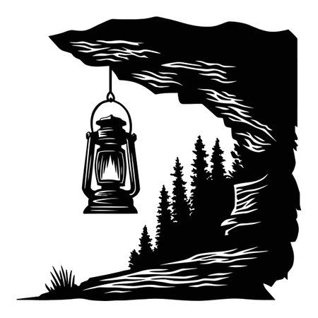 A striking monochrome illustration of a vintage lantern hanging from a rock, surrounded by a serene forest backdrop, perfect for outdoor-themed art.のイラスト素材