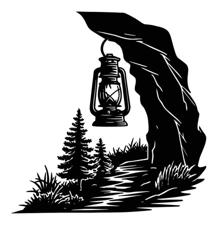 A striking black and white illustration of a vintage lantern hanging near a rocky outcrop, surrounded by trees and grass, capturing the essence of outdoor adventure.のイラスト素材