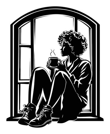 A striking silhouette of a young person seated by a window, enjoying a warm cup of coffee. The artwork captures a moment of relaxation and contemplation.のイラスト素材