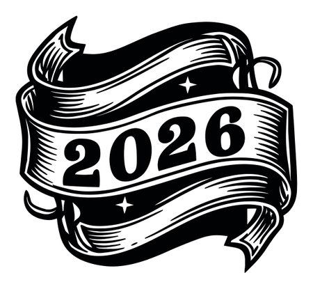This vintage-style illustration showcases an elegant banner featuring the year 2026, perfect for designs that celebrate events, announcements, or special occasions.のイラスト素材