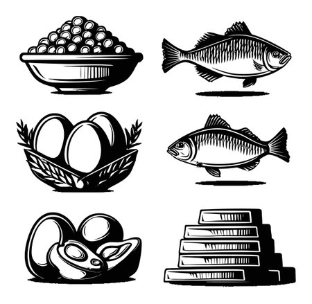 This black and white illustration features a collection of fish, eggs, and grains, showcasing artistic representations of food items in an elegant design.のイラスト素材