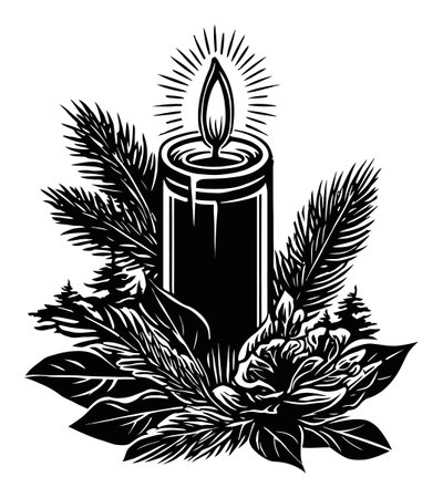 This illustration features a beautifully detailed candle surrounded by floral and leaf elements. The engraving style provides a striking black and white contrast, enhancing its elegance.のイラスト素材