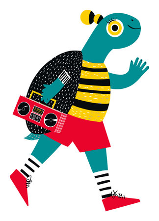 Engaging vector illustration of a cheerful turtle character carrying a boombox, showcasing a playful design perfect for children's themes and creative projects.のイラスト素材
