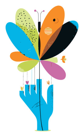 A vibrant vector illustration featuring a hand holding an abstract butterfly, symbolizing creativity and transformation through modern design. Perfect for various projects.のイラスト素材