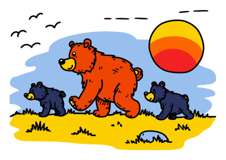 This colorful illustration features a bear walking with its cubs against a beautiful sunset and serene landscape, perfect for family-themed designs.のイラスト素材