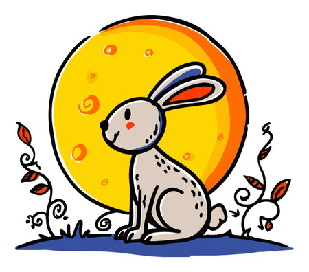 Adorable illustration of a cute rabbit against a vibrant yellow sun, surrounded by decorative plants. Perfect for cheerful designs and children's themes.のイラスト素材