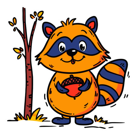A cheerful cartoon raccoon stands beside a tree, joyfully holding an acorn. This vibrant illustration highlights playful colors and a whimsical style, perfect for children's art.のイラスト素材