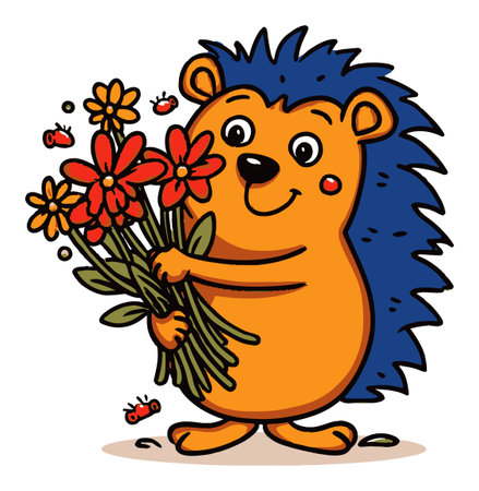 This charming image features a cute cartoon hedgehog joyfully holding a bouquet of colorful flowers, surrounded by playful bees. Perfect for cheerful art projects!のイラスト素材